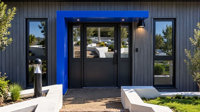 Complete Door Canopy Guide for UK Homes and Buildings 4 Blue aluminium Door Canopy providing shelter above a wide modern residential entrance