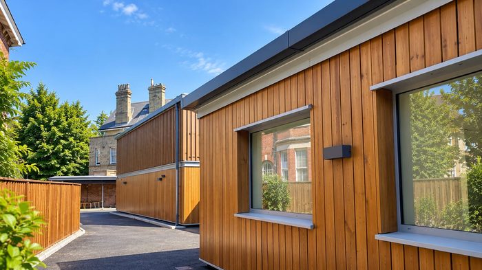 How to Choose the Best Box Gutter Material for UK Buildings 6 Box Gutter Material fitted around a brick school building beside a covered outdoor walkway