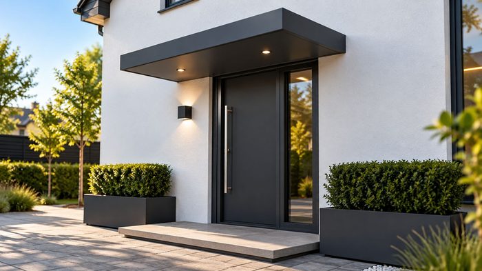 Complete Door Canopy Guide for UK Homes and Buildings 6 Dark grey aluminium Door Canopy above a modern entrance on a white UK house
