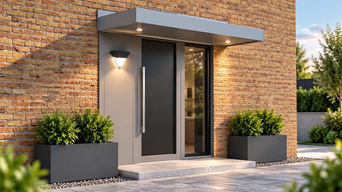 Complete Door Canopy Guide for UK Homes and Buildings 5 Grey aluminium Door Canopy installed above a contemporary entrance on a UK brick house