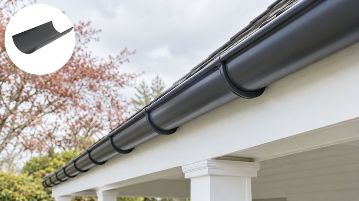 Half Round Gutter Installation A Complete Guide for UK Projects 4 Dark grey half round gutter installation along white fascia above a veranda with white supporting posts