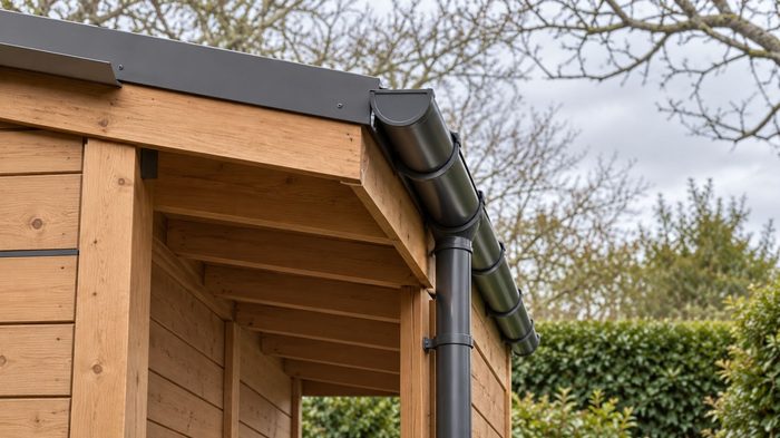Half Round Gutter Installation A Complete Guide for UK Projects 6 Grey half round gutter installation on timber fascia with a stopend and offset downpipe beside a brick wall