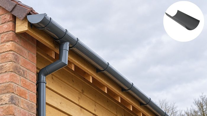 Half Round Gutter Installation A Complete Guide for UK Projects 5 Dark grey half round gutter installation with a round downpipe on a timber garden building