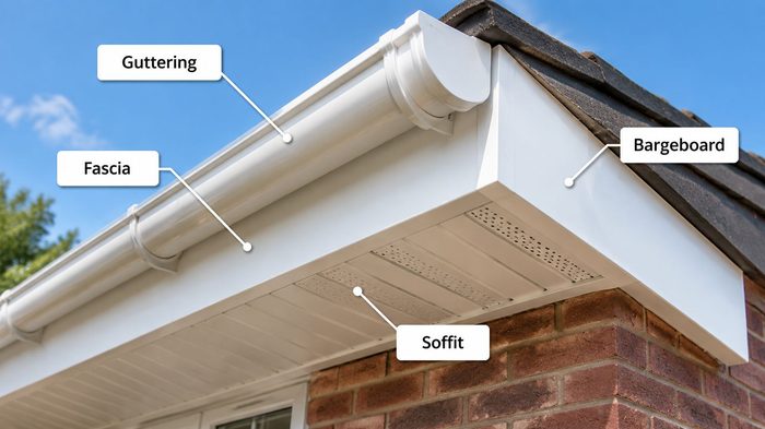 How to Choose House Fascia for a Durable UK Roofline 5 House fascia with labelled white soffit, guttering and bargeboard on a brick property