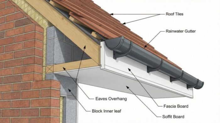 How to Choose House Fascia for a Durable UK Roofline 6 House fascia diagram showing the fascia board, soffit board, roof tiles and rainwater gutter