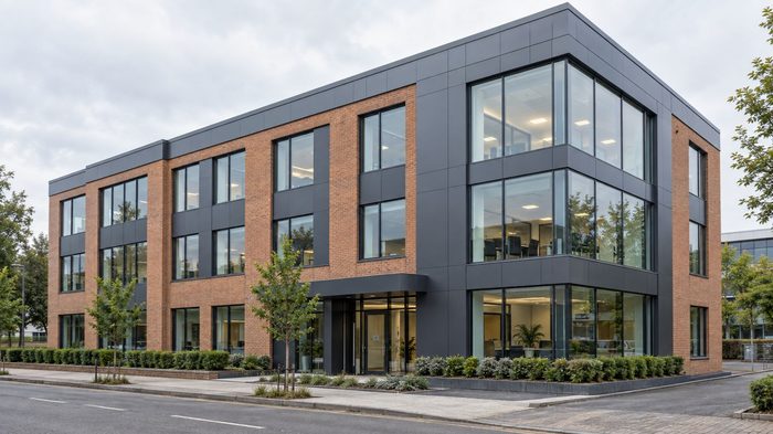Office Facade Refurbishment for Lasting Detail 4 Professionally refurbished UK office facade featuring modern aluminium panels, precise window surrounds and clean architectural detailing.