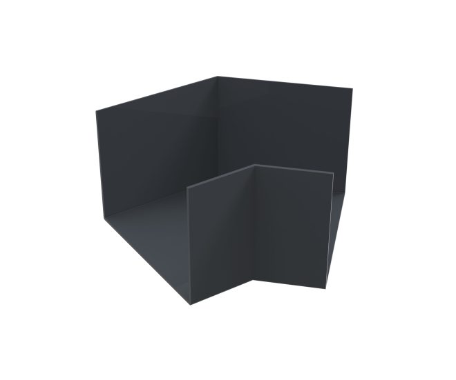High-quality aluminium box gutter with a 90° internal corner, designed for efficient water management and seamless architectural integration.