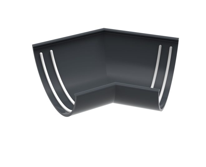 Aluminium half round gutter with 135° internal corner fitting.