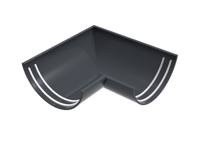 Aluminium gutter system with half round design and 90° internal corner fitting