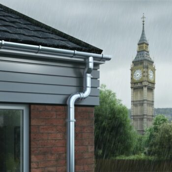 Close-up of aluminium guttering installation along the roof edge, showcasing its durable material and design.