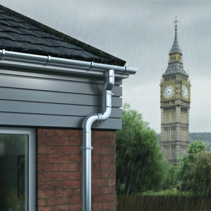 Prepare Your Home for Heavy Winter Rains with Durable Aluminium Guttering 4 Aluminium guttering on a modern house with the iconic Big Ben in the background, showcasing effective rainwater management during a heavy rainstorm.