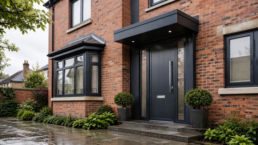 Aluminium Canopy protecting a UK front door entrance in rainy weather