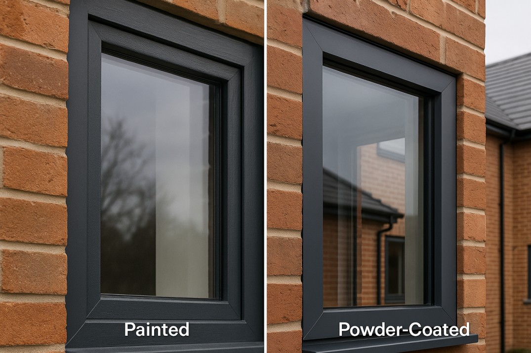 Aluminium window frames in Chelmsford home, comparison of painted vs powder-coated finish