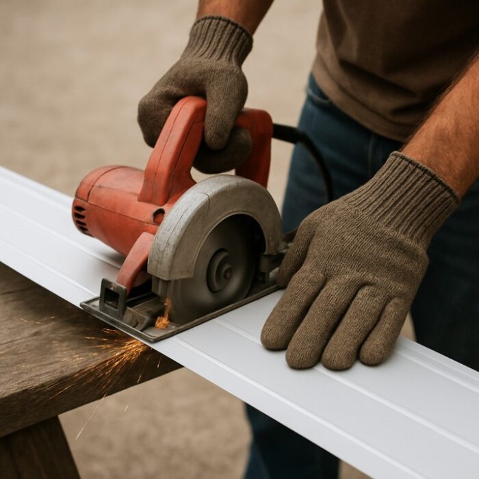 Worker cutting aluminium sheet with a circular saw during fascia installation.