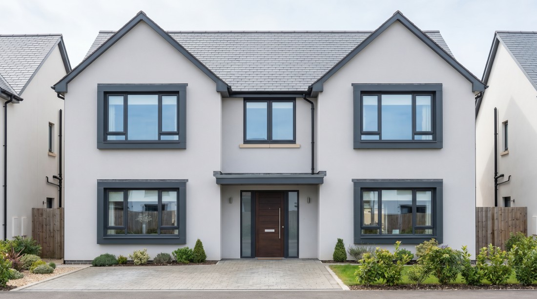 A modern UK residential new-build house with light grey rendered facade. All front elevation windows have anthracite grey RAL 7016 powder-coated aluminium window surrounds with a 150mm face measurement and 100mm projection. The surrounds create bold, clean rectangular frames around each window. The grey aluminium coordinates with the grey composite front door and grey aluminium fascia and soffit above.