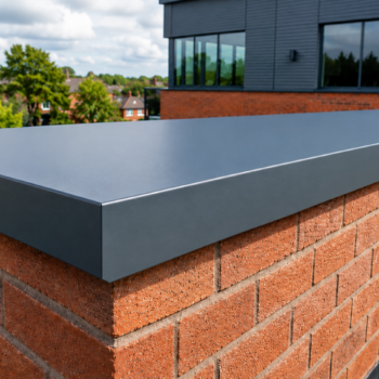 Powder-coated anthracite grey aluminium wall capping on a brick parapet wall on a modern UK building, with visible overhang on both sides and a clean finished appearance