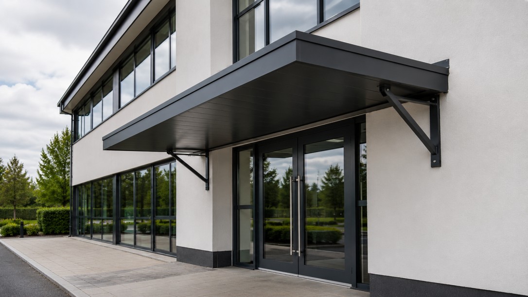 Four aluminium door canopy profile types compared side by side: flat with box gutter, mono-pitch lean-to, traditional pitched apex, and glazed aluminium frame with polycarbonate infill