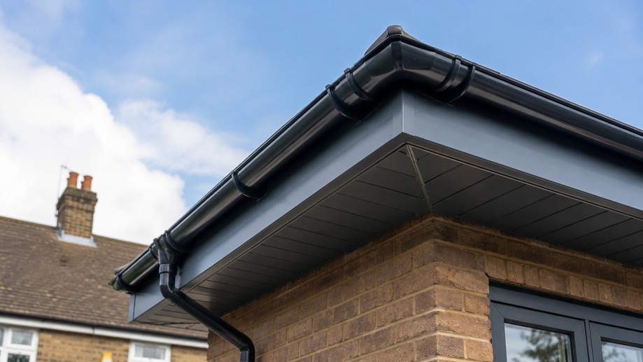 Aluminium fascia and soffits installed along a UK roofline with neat gutter and corner details