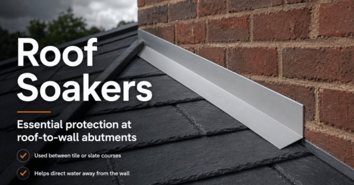 Roof soakers installed at a roof-to-wall abutment to help protect slate roofing and direct water away from the brick wall.
