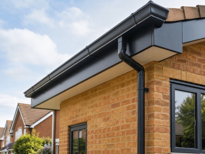 Powder-coated aluminium guttering installed on a Chelmsford roofline