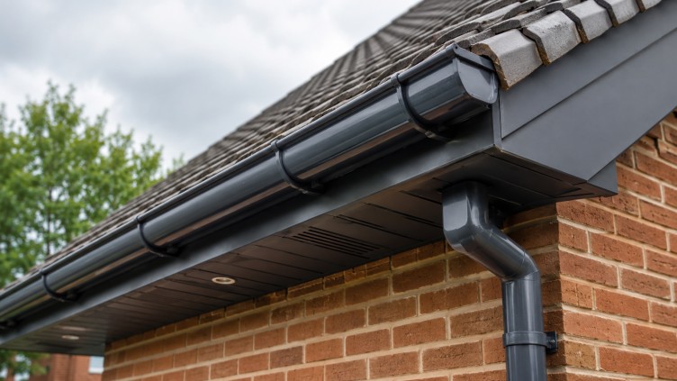 Fascia Soffits and Guttering installed on a modern brick house with dark roofline details and downpipes