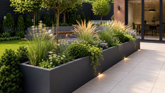 Metal planters UK garden with Corten steel and dark trough planters beside a contemporary brick extension