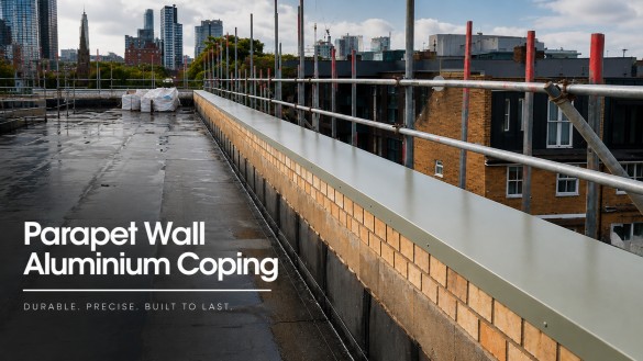 Parapet wall aluminium coping installed along a modern flat roof beside HVAC screening and rooftop services on a residential building Uk.