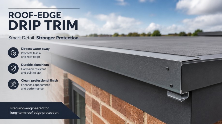 Roof edge drip trim on a UK brick extension with dark aluminium trim, flat roof membrane, fascia and guttering