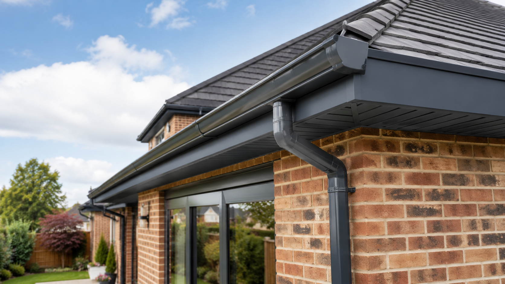 What are soffits and fascia on a UK brick extension with dark roofline panels, guttering and downpipe