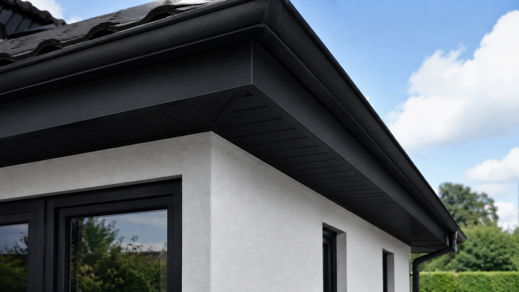 Black fascia boards and soffits installed on a modern white UK house with matching black guttering and roofline details.