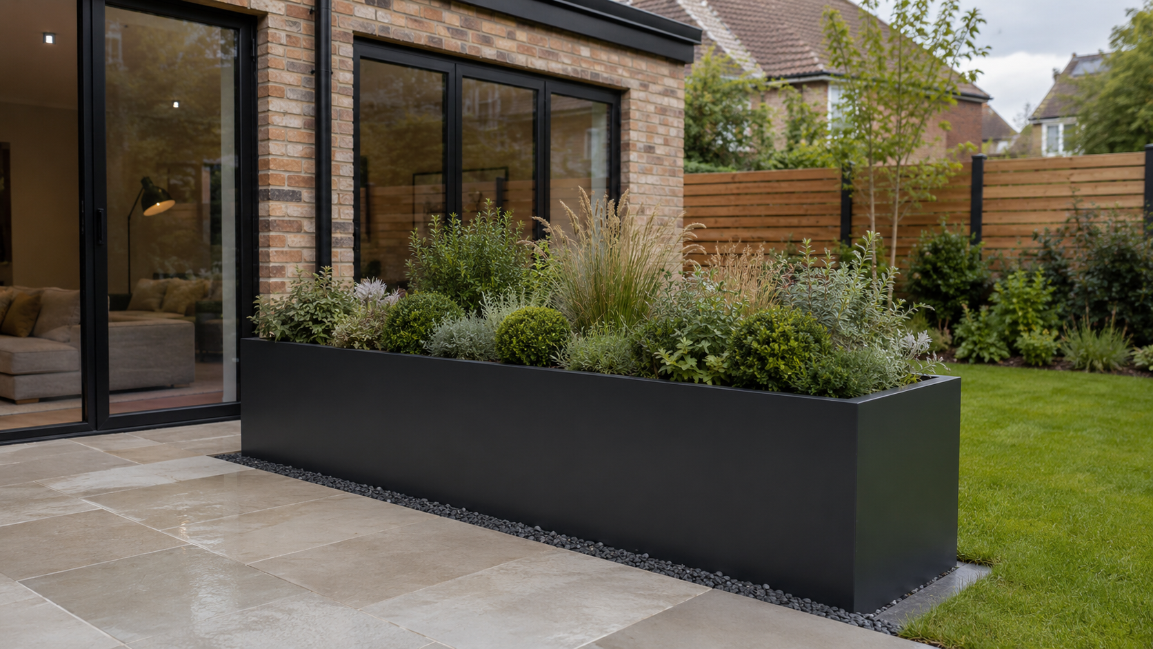 Metal garden planters on a minimalist UK patio with modern paving, neat planting and architectural styling