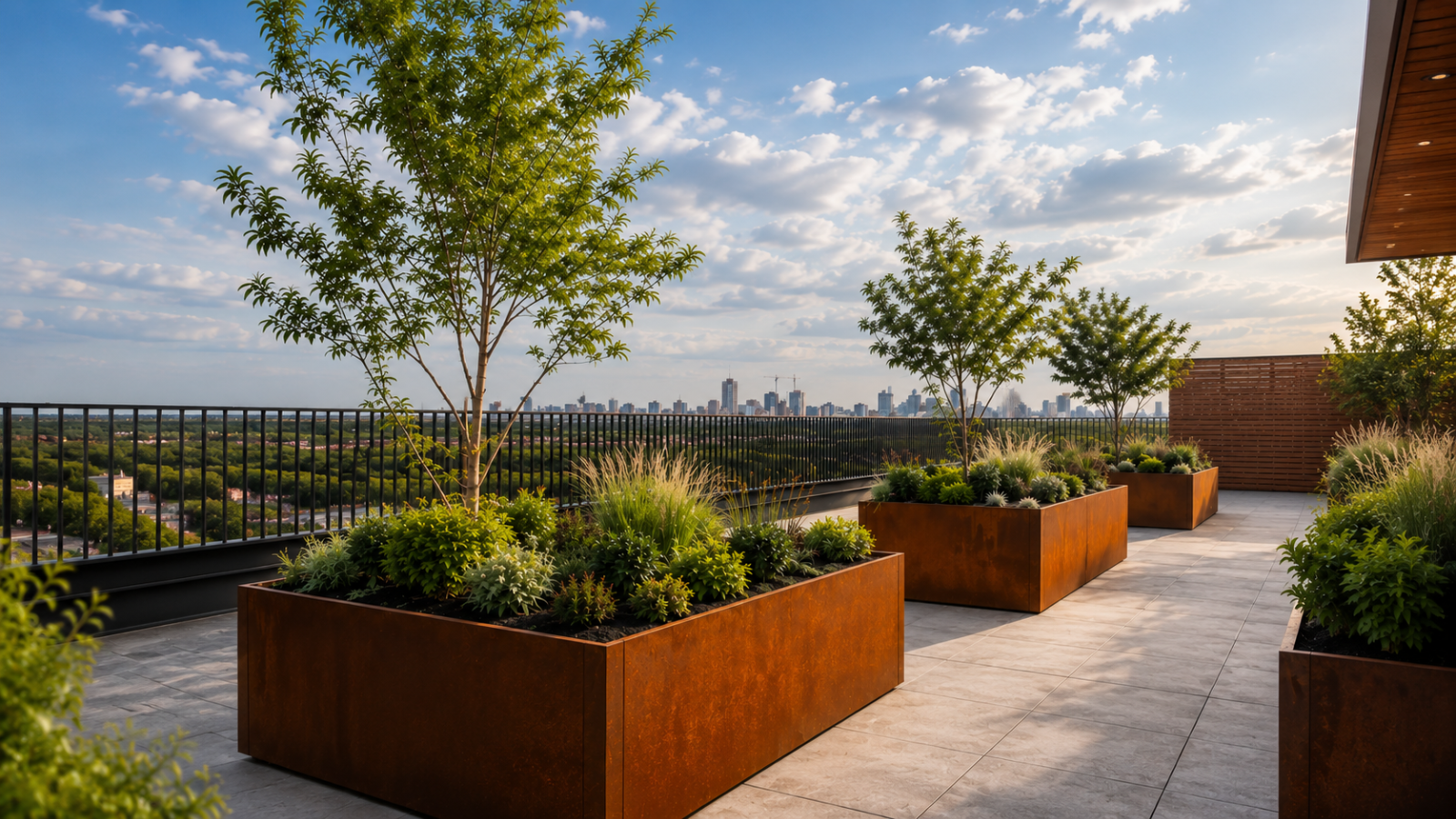 Metal planters outdoor in a modern rooftop garden with stylish planting and open city view