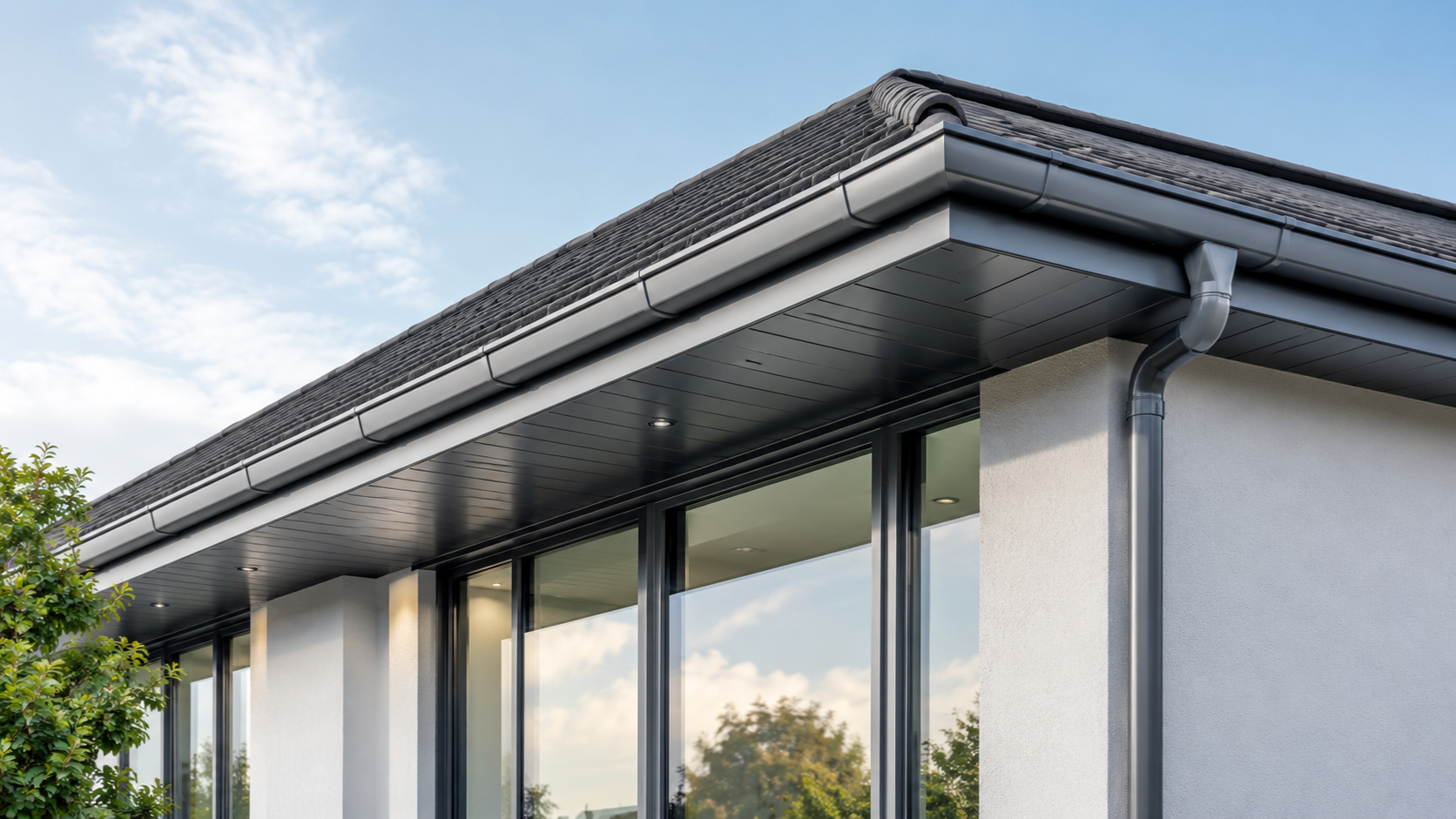 replacing soffits and fascia with clean grey aluminium fascia, soffits and guttering on a modern brick home- uk.
