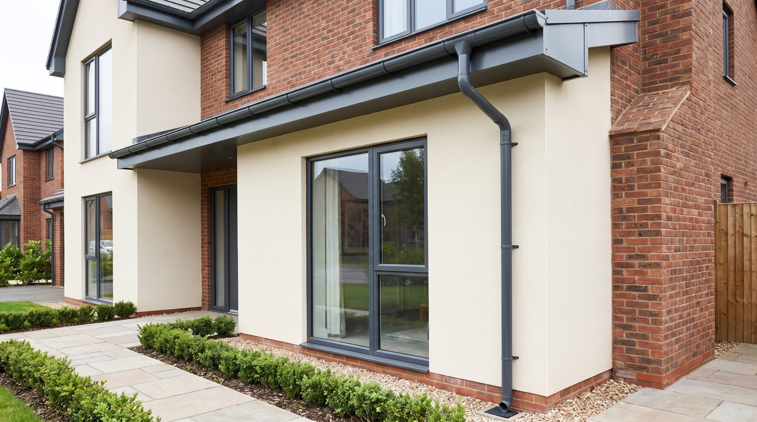 Round downpipe featured image showing a clean UK house roofline with gutter, fascia, soffit and premium rainwater drainage detail.