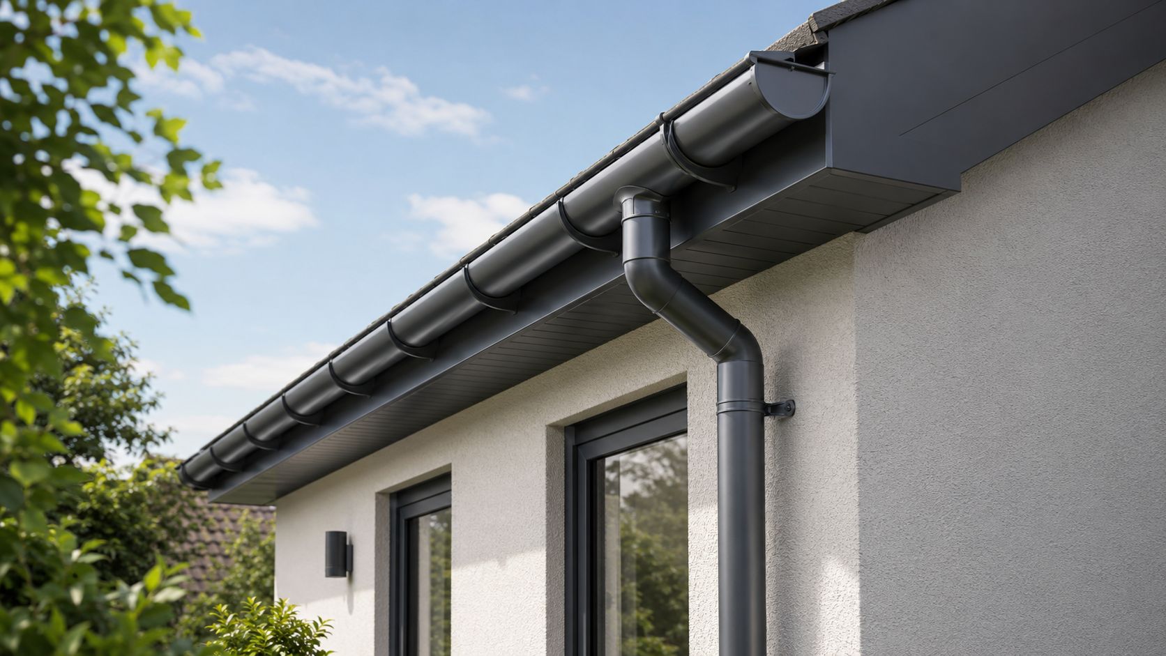 Round gutter downpipe installed on a modern UK house exterior with clean roofline detail