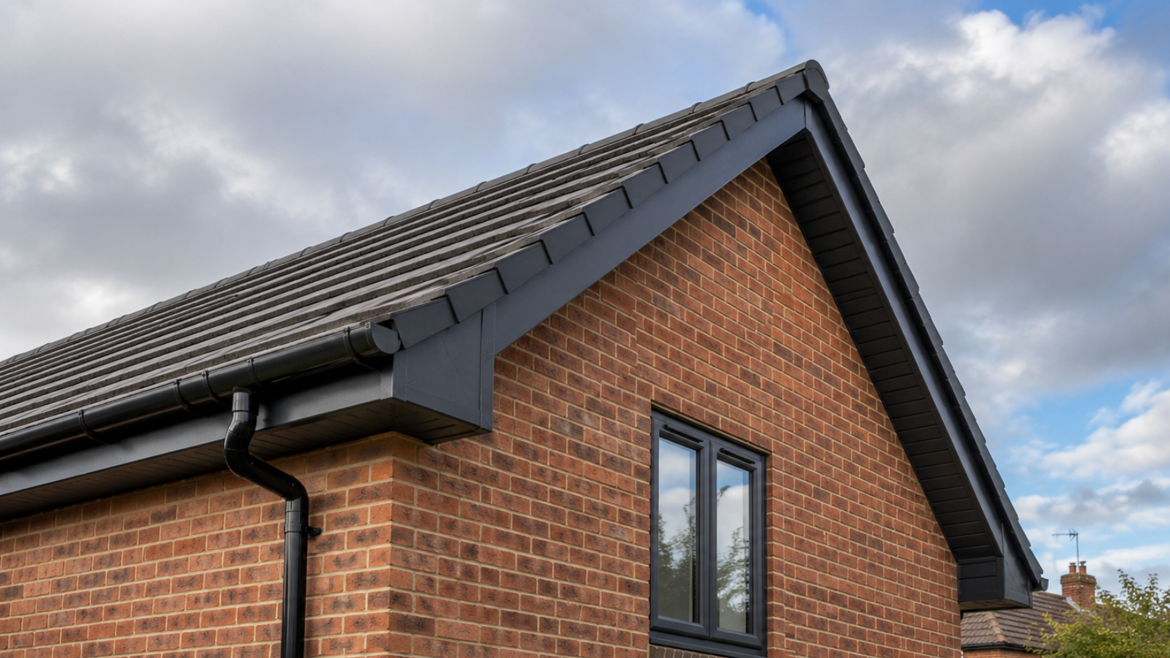 Cost to Replace Soffits and Fascia UK house showing fascia and soffit areas along the roofline before replacement.