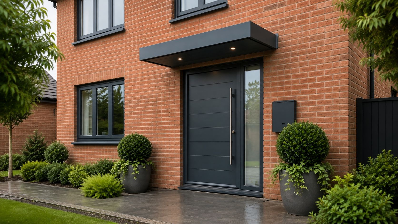 Aluminium door canopy on a premium UK home exterior with a clean modern entrance.
