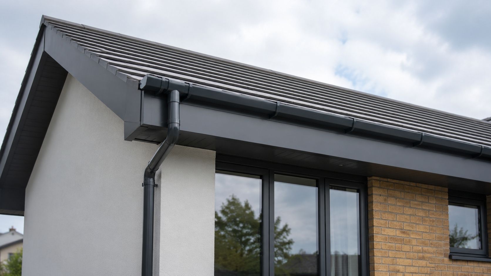 Modern house roofline finished with aluminum fascia material and matching guttering
