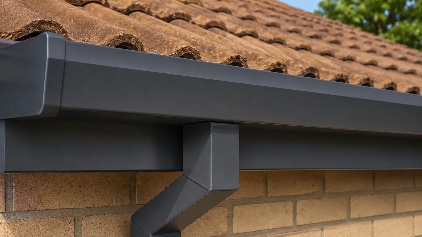 UK residential building with box guttering fitted along the roofline.