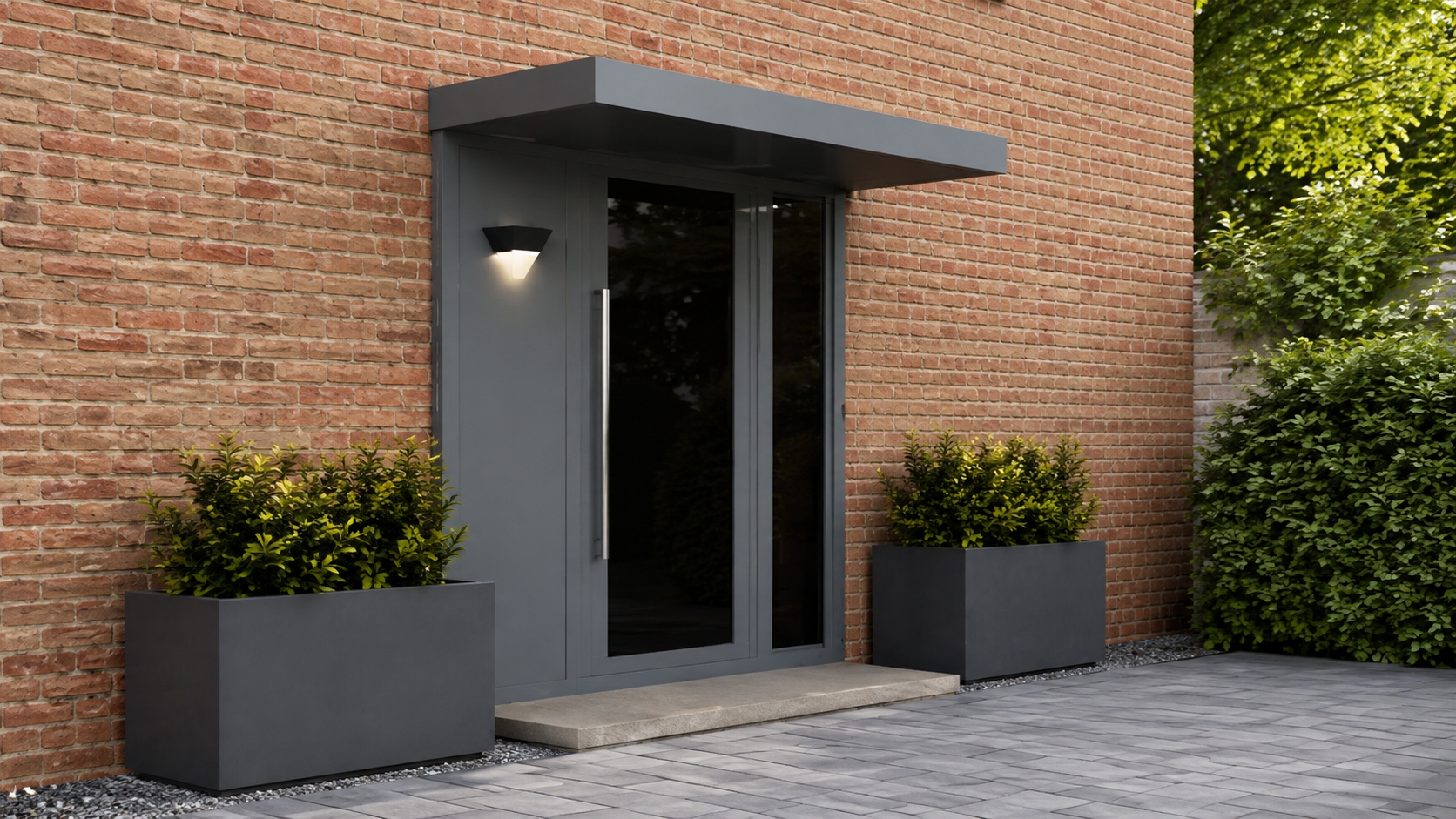 Door Canopy UK modern front entrance with a sleek aluminium canopy above a contemporary doorway.