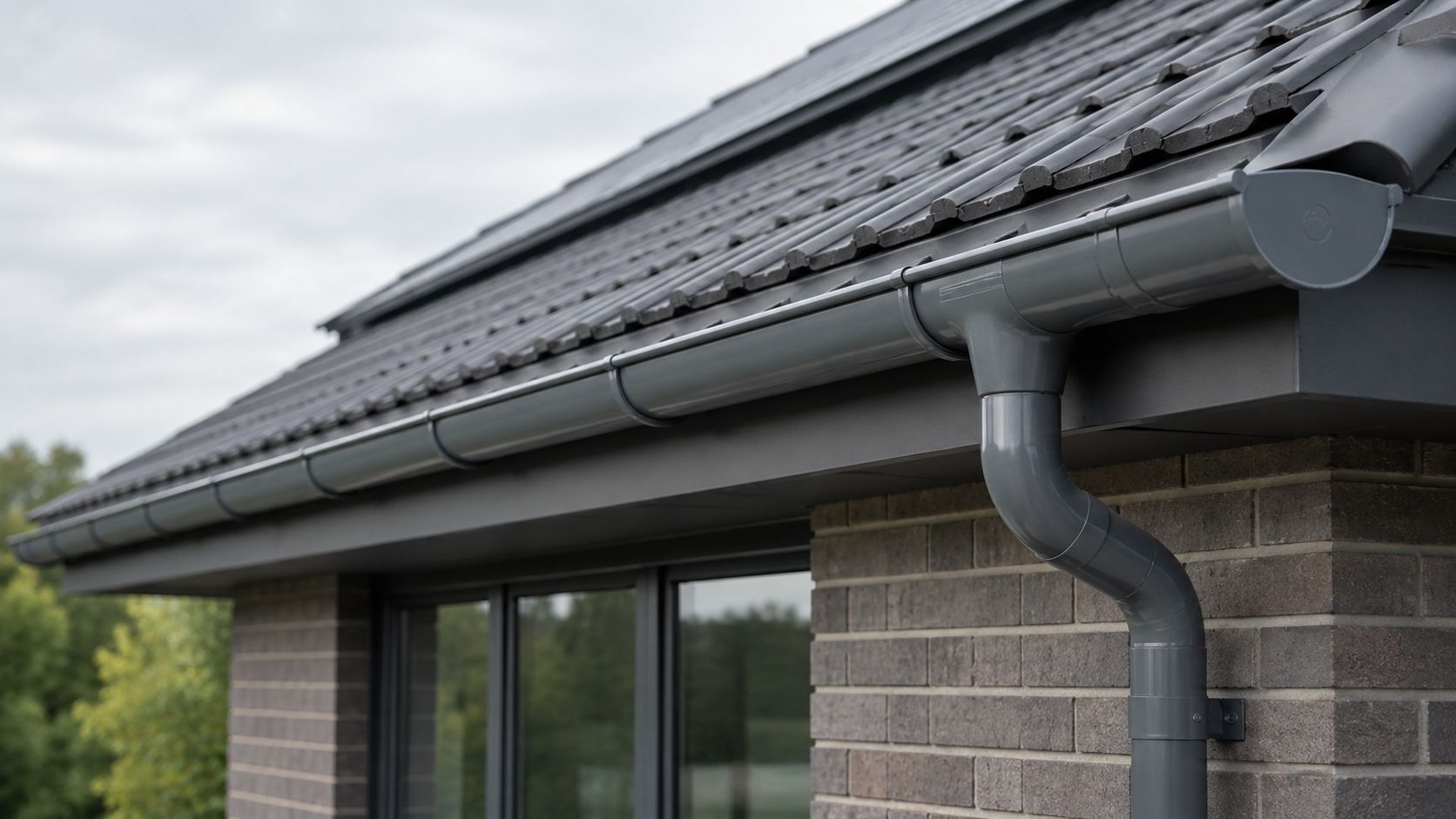 Metal rain gutters installed on a UK building for effective rainwater drainage