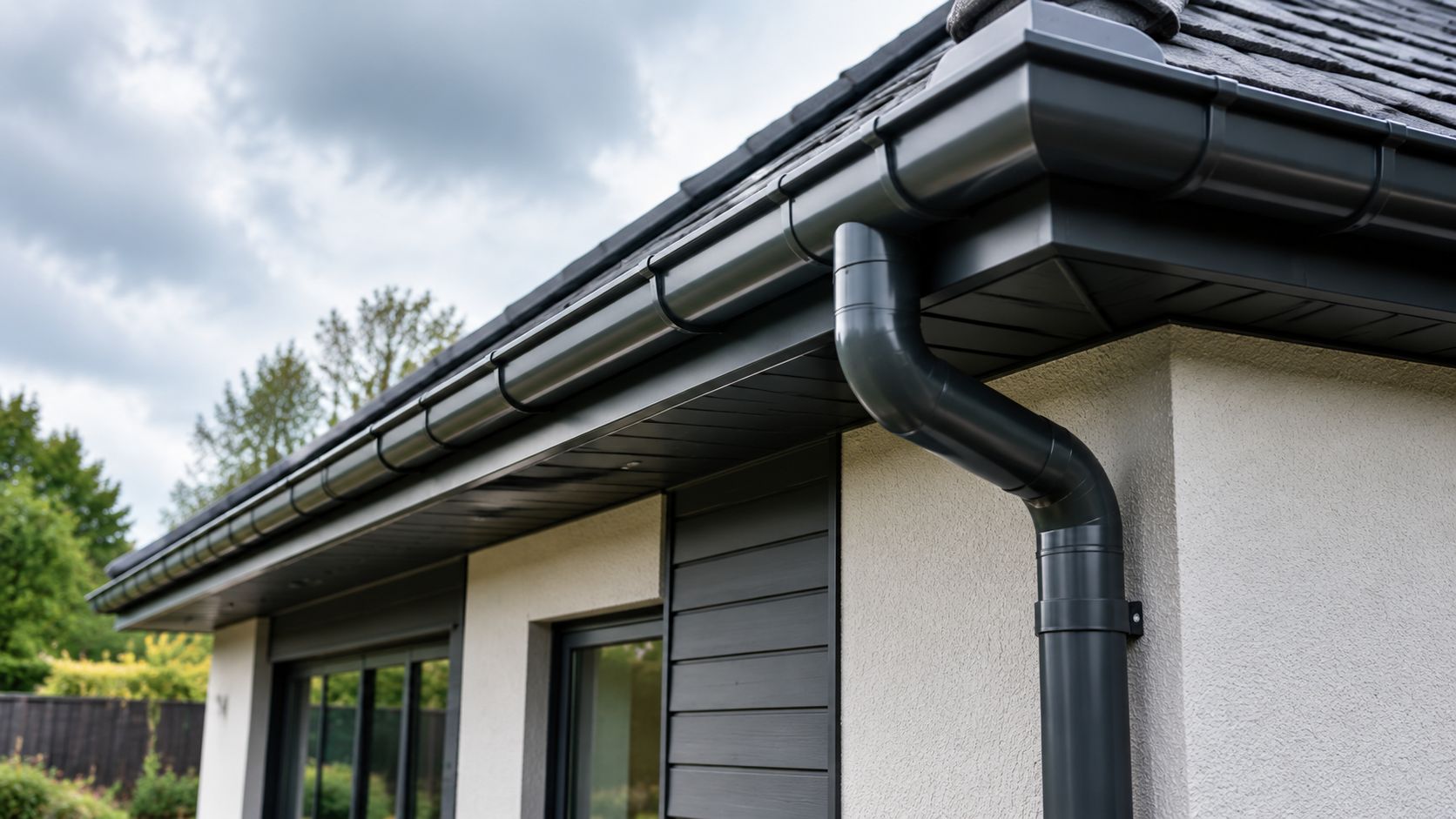 Metal rain gutters installed on a modern UK building for effective rainwater management