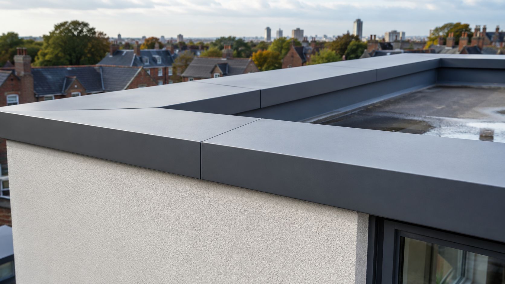 Parapet coping installed along an aluminium roof edge on a UK building