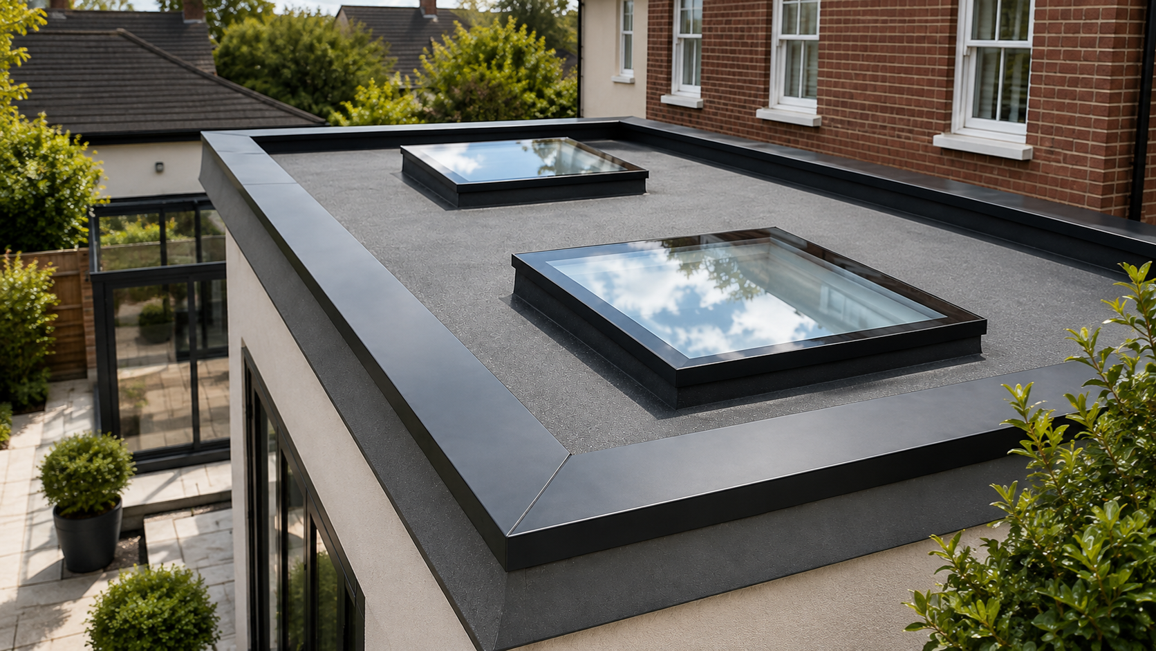 Parapet wall copings fitted to an aluminium roof edge on a modern UK building.