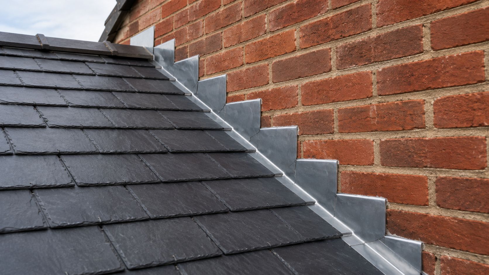 Soaker installed at a slate roof and brick wall abutment on a UK property.