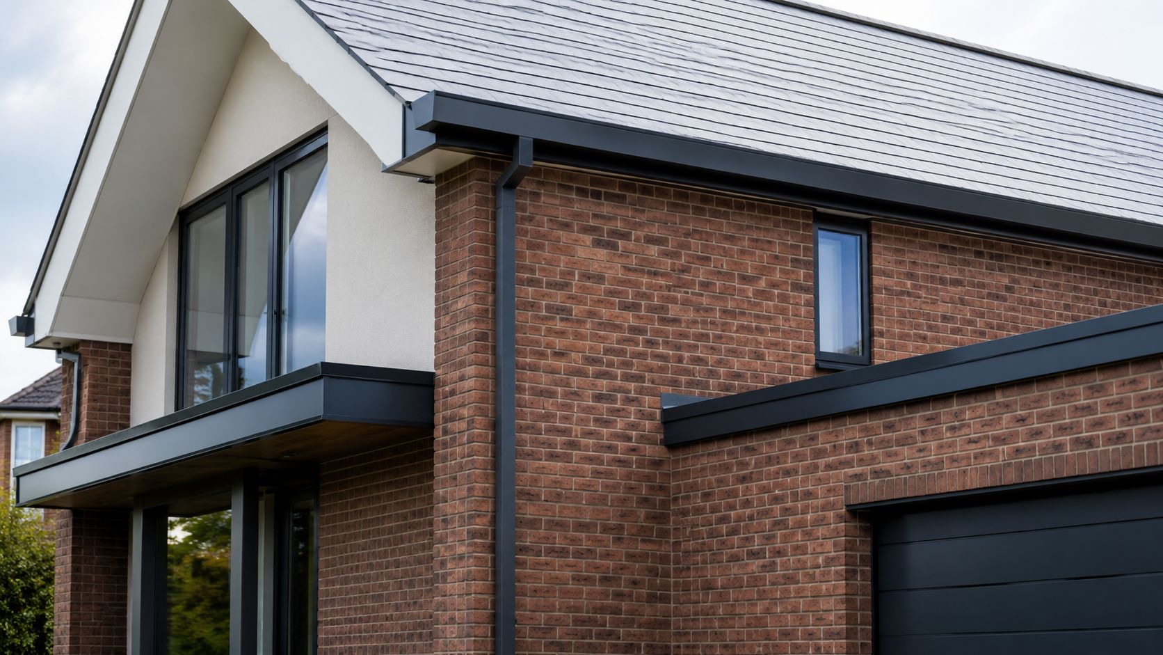 Square guttering downpipe installed on a modern UK house with brick walls and dark roofline details.