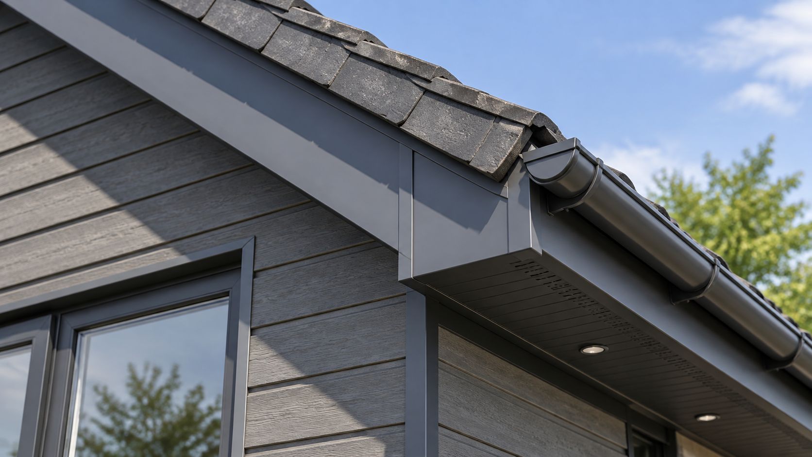 Aluminium fascia and soffit roofline system installed on a UK residential building