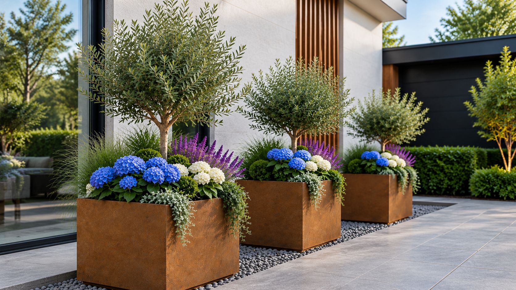 Tapered orange-brown metal planter with a pink flowering tree, illustrating an alternative in the aluminium planters outdoor guide.