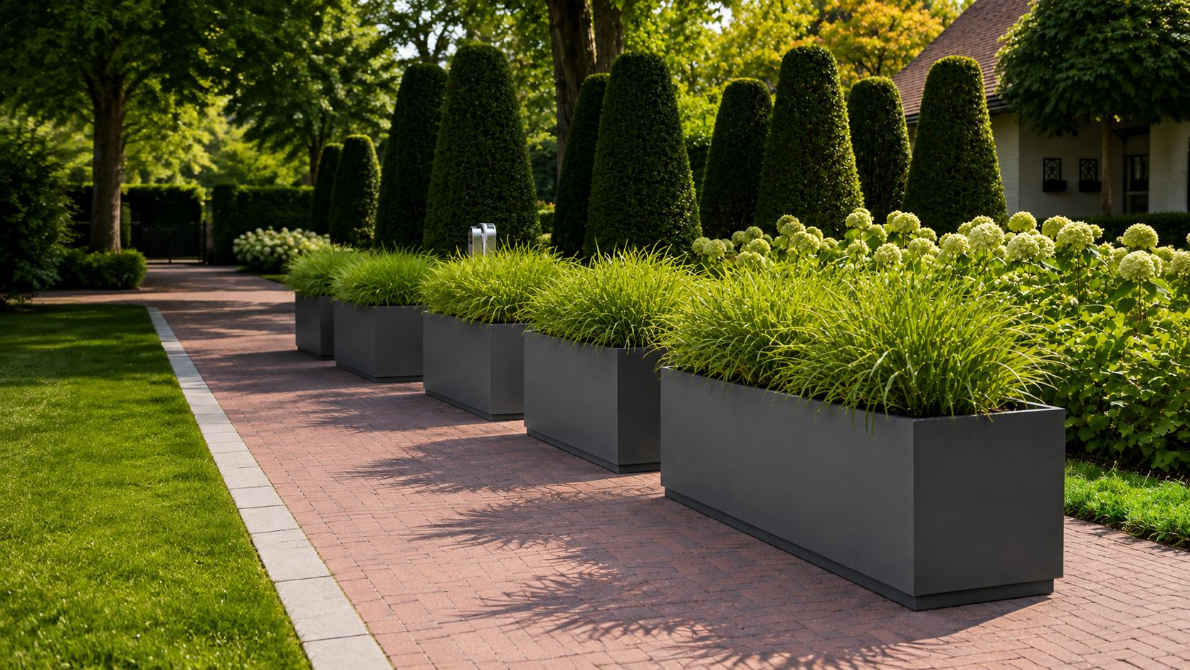 Aluminium planters outdoor creating a stylish garden privacy feature with green plants and modern fencing
