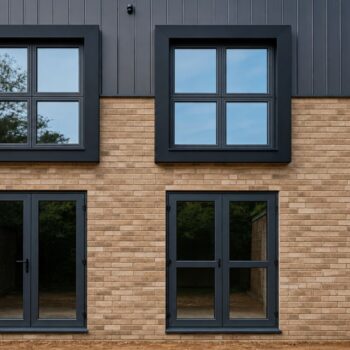 Close-up of dark grey aluminium window surrounds showing mitred corners around a four-pane window